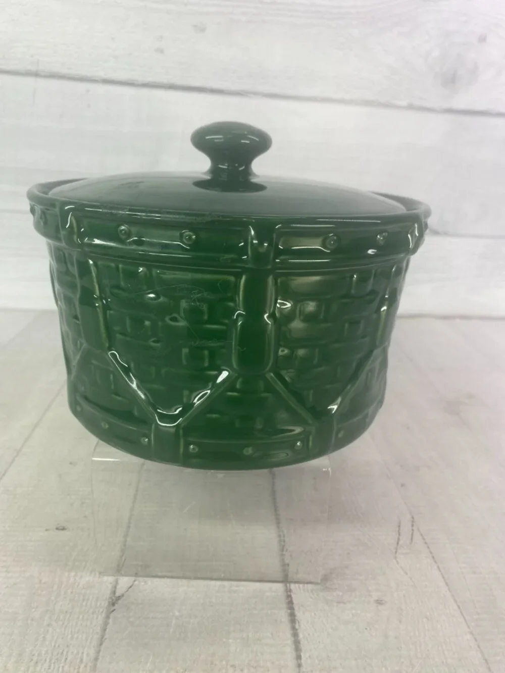 Longaberger Pottery WOVEN DRUM Ivy Green Traditions Embossed 4